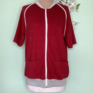 Vintage Jantzen Short Raglan Sleeve Velour Zip Up Jacket Top Brick Red Piping